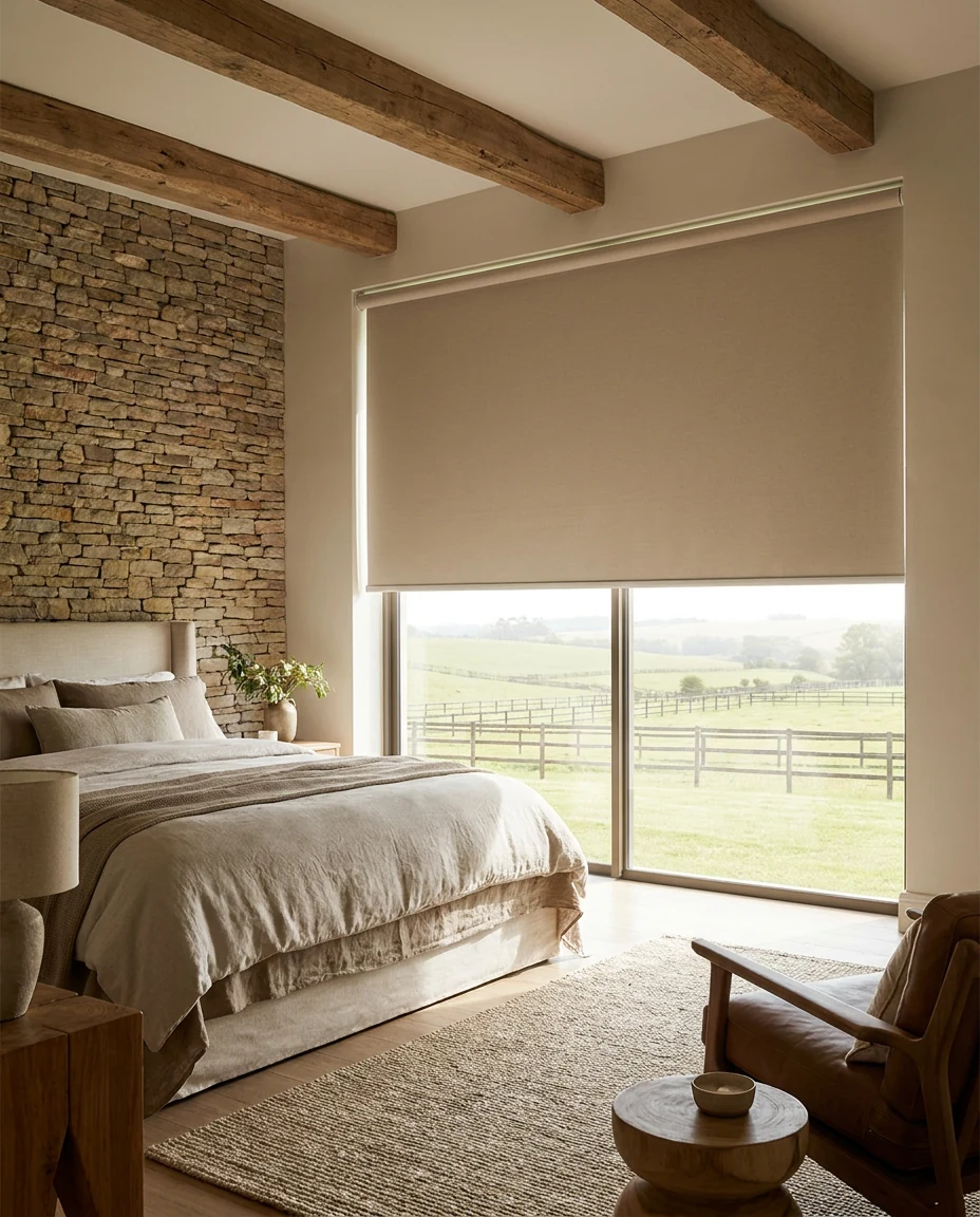 Flat blockout roller blind lowered over a floor-to-ceiling bedroom window in a Beaulieu equestrian-belt home, overlooking post-and-rail paddocks