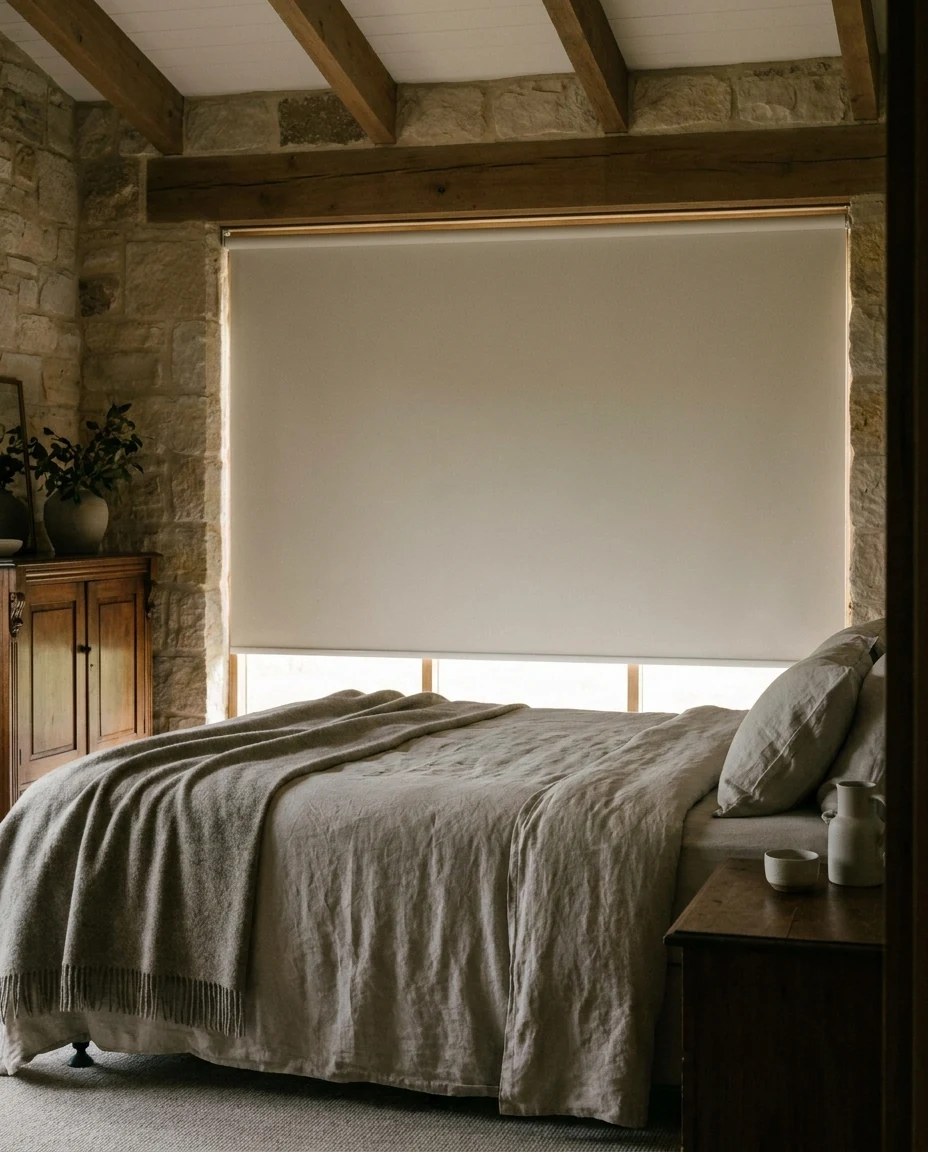 Blockout roller blinds drawn down in a Blue Hills main bedroom, veld and thorn trees showing beneath