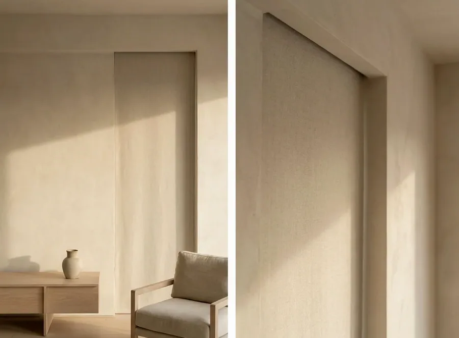 Concealed roller blind fabric dropping flush from a ceiling recess, no visible headbox, in a Blue Hills home