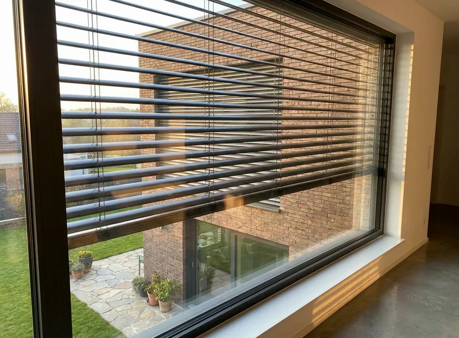 Aluminium external venetian blind slats mounted outside a wide picture window, tilted to cut the afternoon sun before it reaches the glass