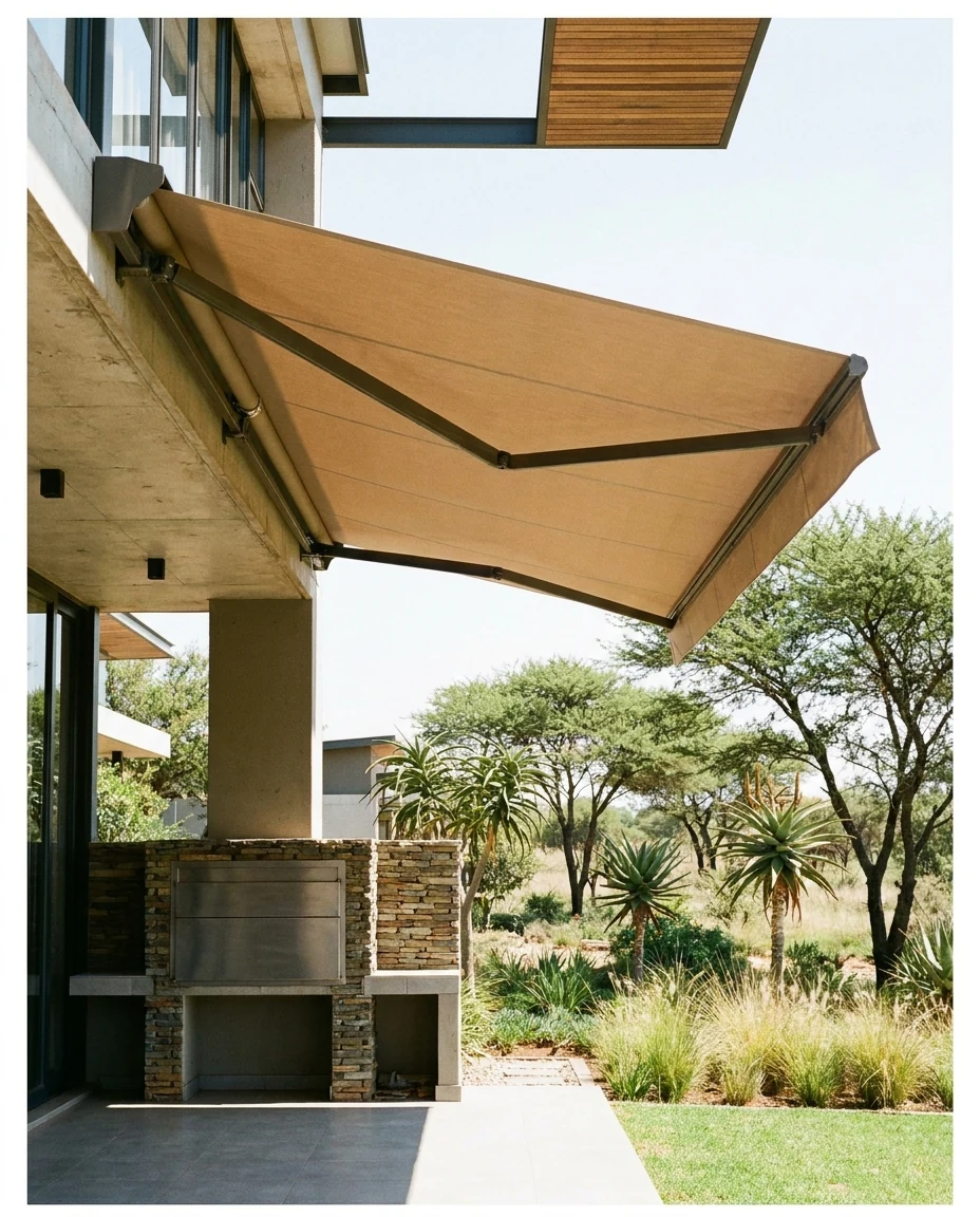 Folding-arm awning extended over a stone braai and outdoor kitchen at a Blue Hills home, bushveld and aloes beyond