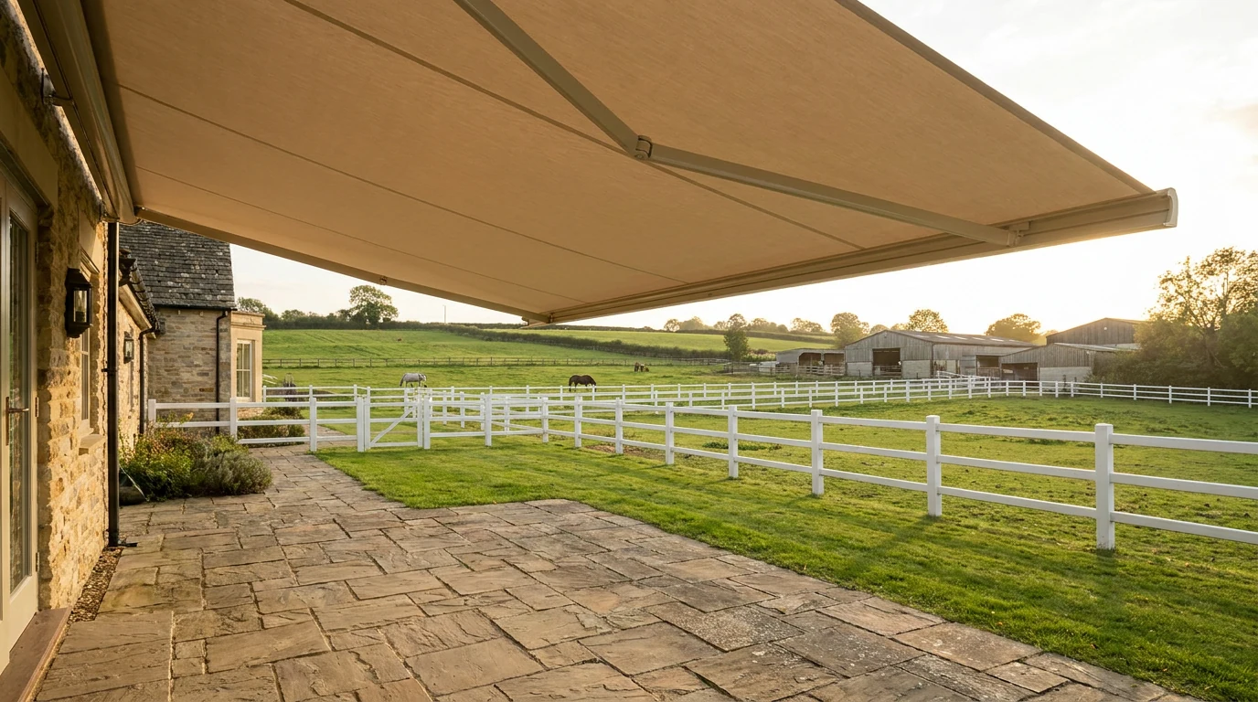Folding-arm awning over a paved patio at a Kyalami-area equestrian property, post-and-rail paddocks beyond