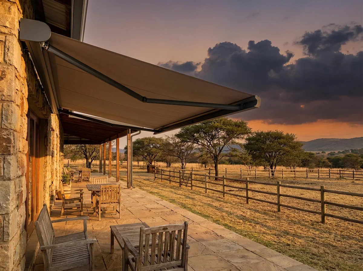 Folding-arm awning extended from a wall cassette over a stone veranda at a country estate home, paddock fencing and a Highveld storm building beyond
