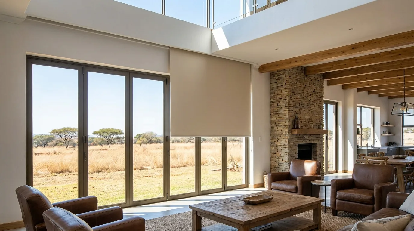 Motorised roller blind descending from a concealed recessed box in the ceiling line over a double-volume glass wall in a country estate home