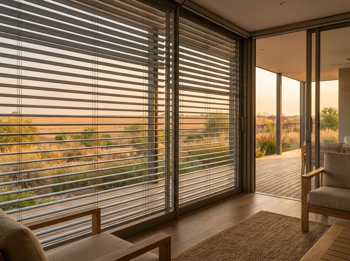 View from inside a Blue Hills living room through external venetian louvres tilted against the late afternoon sun, garden and paddock beyond