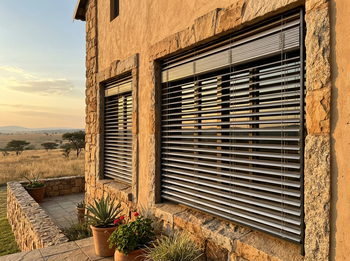 External venetian blinds in vertical guide rails outside the glass on a west-facing wall of a country estate home, aluminium louvres tilted against a low sun