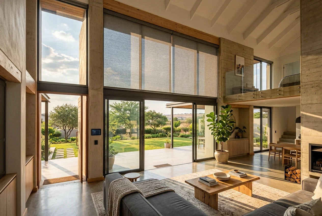 Motorised roller blind partly lowered in a double-volume Blue Hills living room, glass doors open to paddocks with horses beyond