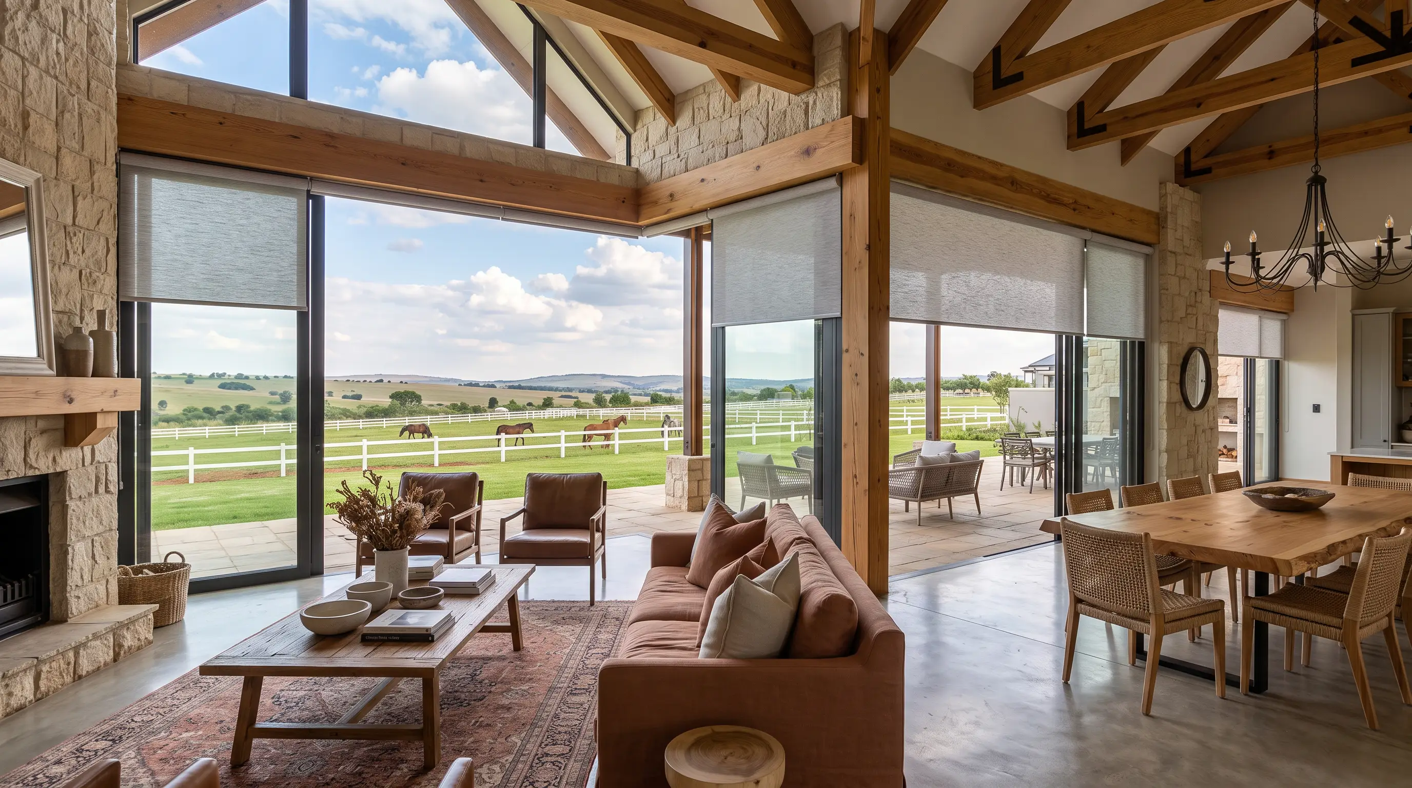 Blue Hills estate living room with sunscreen roller blinds over full-height glass, looking onto white post-and-rail paddocks