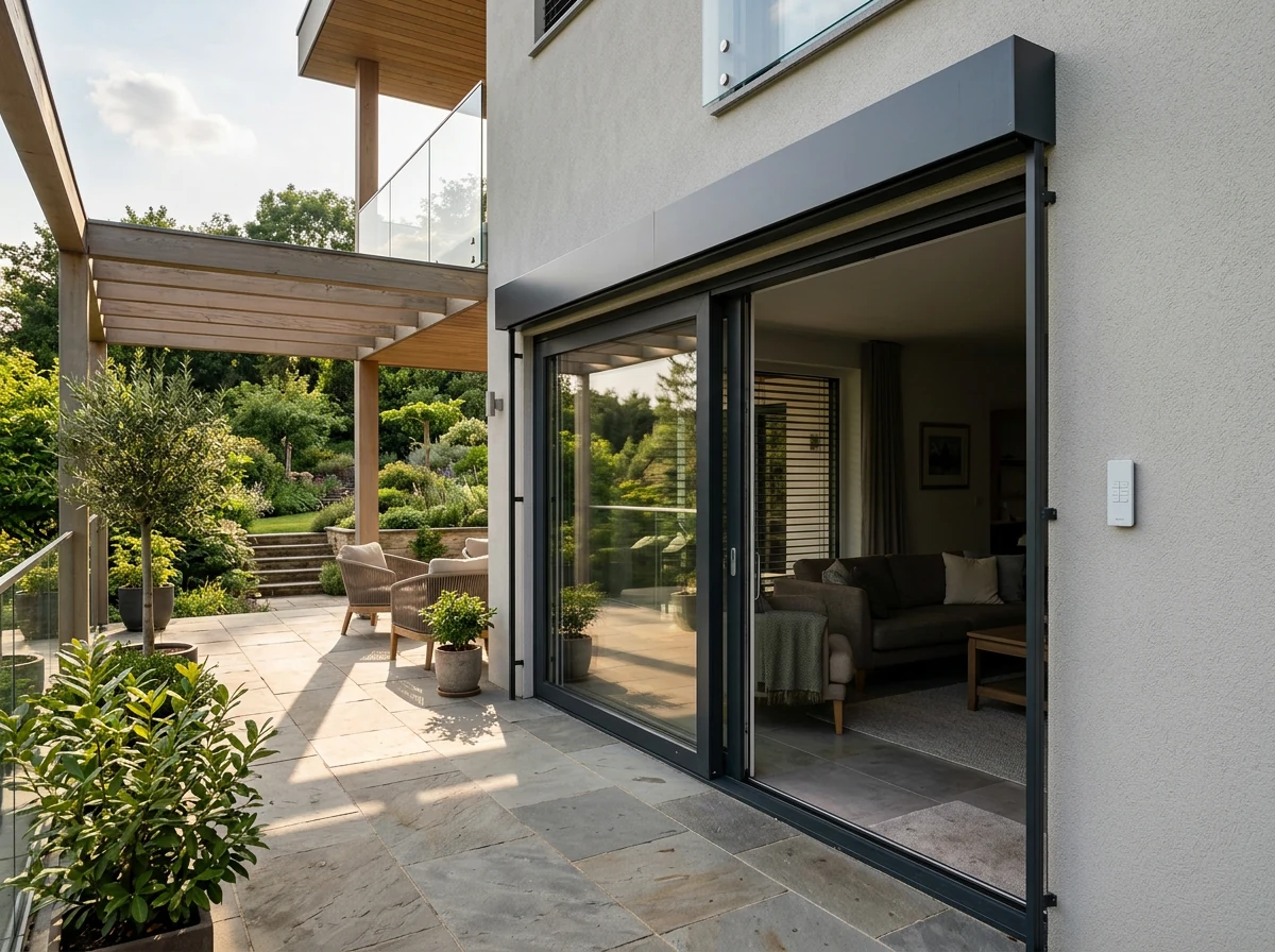 Motorised exterior screen mounted above sliding glass doors at a Blue Hills home, wall switch alongside