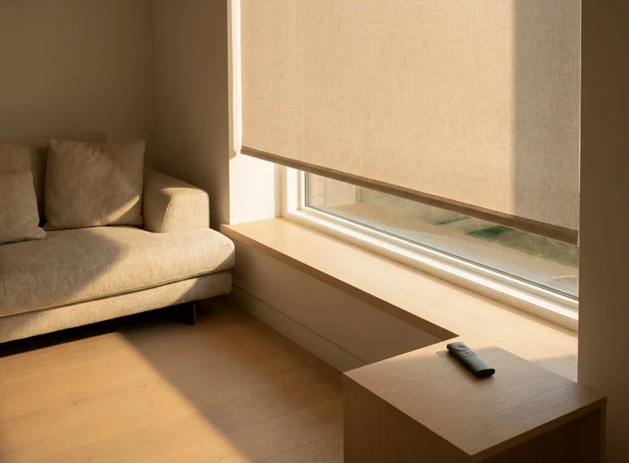 A motorised roller blind lowered over a window seat with the handset resting on the sill, no cords or chains anywhere on the blind