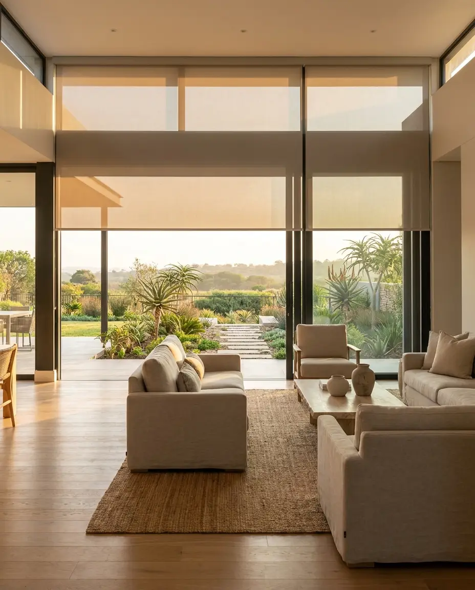 Motorised sunscreen roller blinds lowered over floor-to-ceiling glass in a Waterfall Estate living room, indigenous aloes in the garden beyond