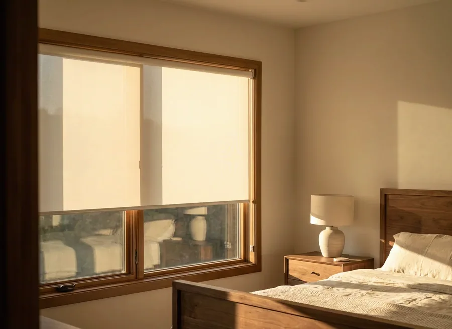 A blockout roller blind — one smooth flat panel of fabric on a tube, no folds — half drawn over a timber-framed bedroom window in a Blue Hills home