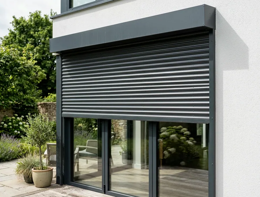 External aluminium roller shutter lowered over sliding glass doors at a Blue Hills home