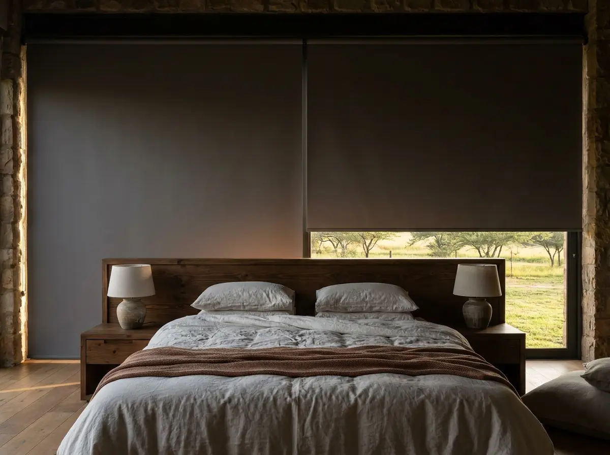 Blockout roller blinds drawn down in a main bedroom on a Helderfontein-area estate stand