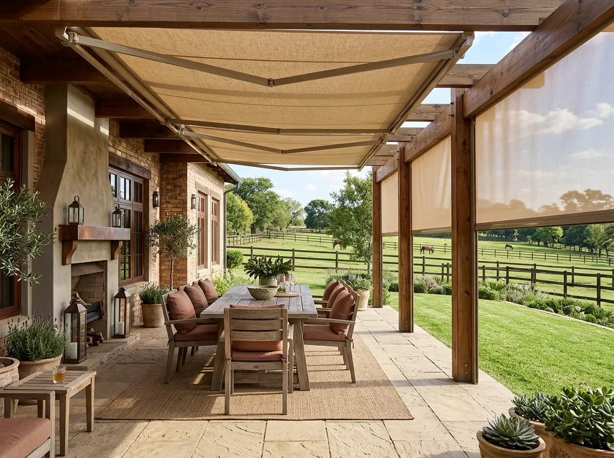 Folding-arm awning and drop screens shading an outdoor dining area at a Waterfall-area home
