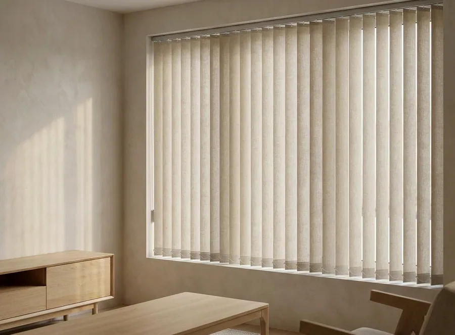 Linen-toned vertical blinds hanging over a wide living-room window in a Blue Hills home